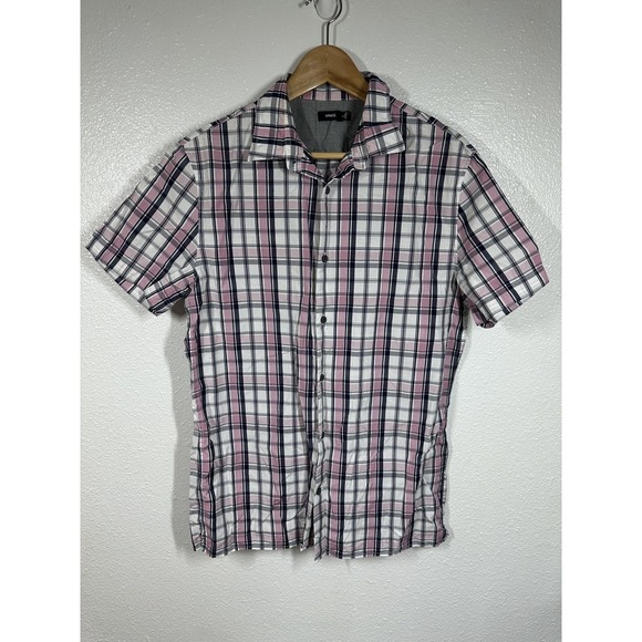 Vince Shirt Mens Medium Pink White Navy Plaid Short Sleeve Button Up Casual - Picture 7 of 7